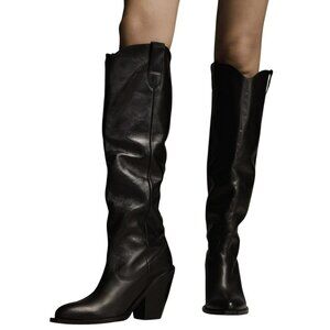 Anthropologie Maeve Tall Black Leather Western Boots Size 8 NEW